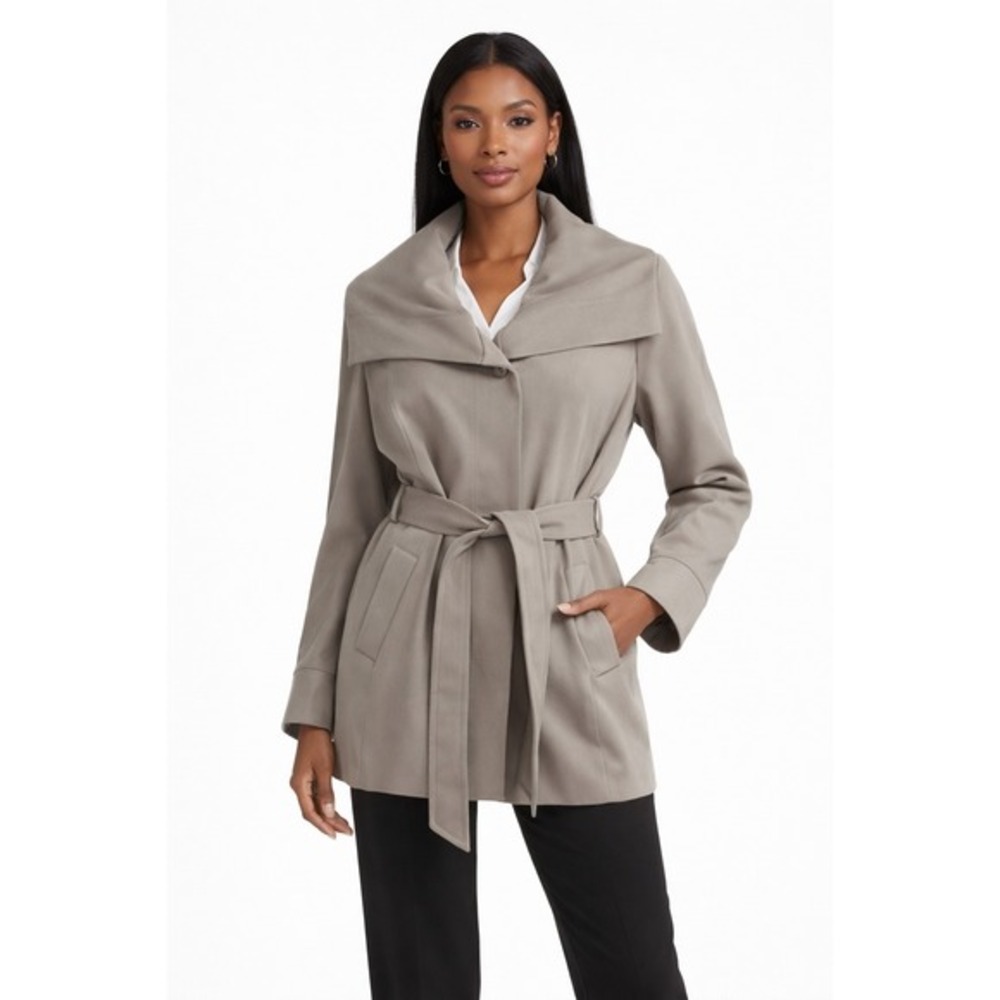 Jones New York Taupe Belted Shawl Collar‎ Jacket Coat M Preppy Academia 60-02